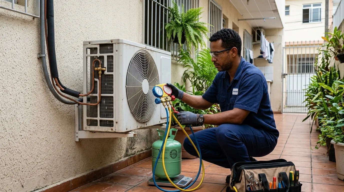 Técnico fazendo carga de gás na condensadora do ar-condicionado em Osasco‑SP