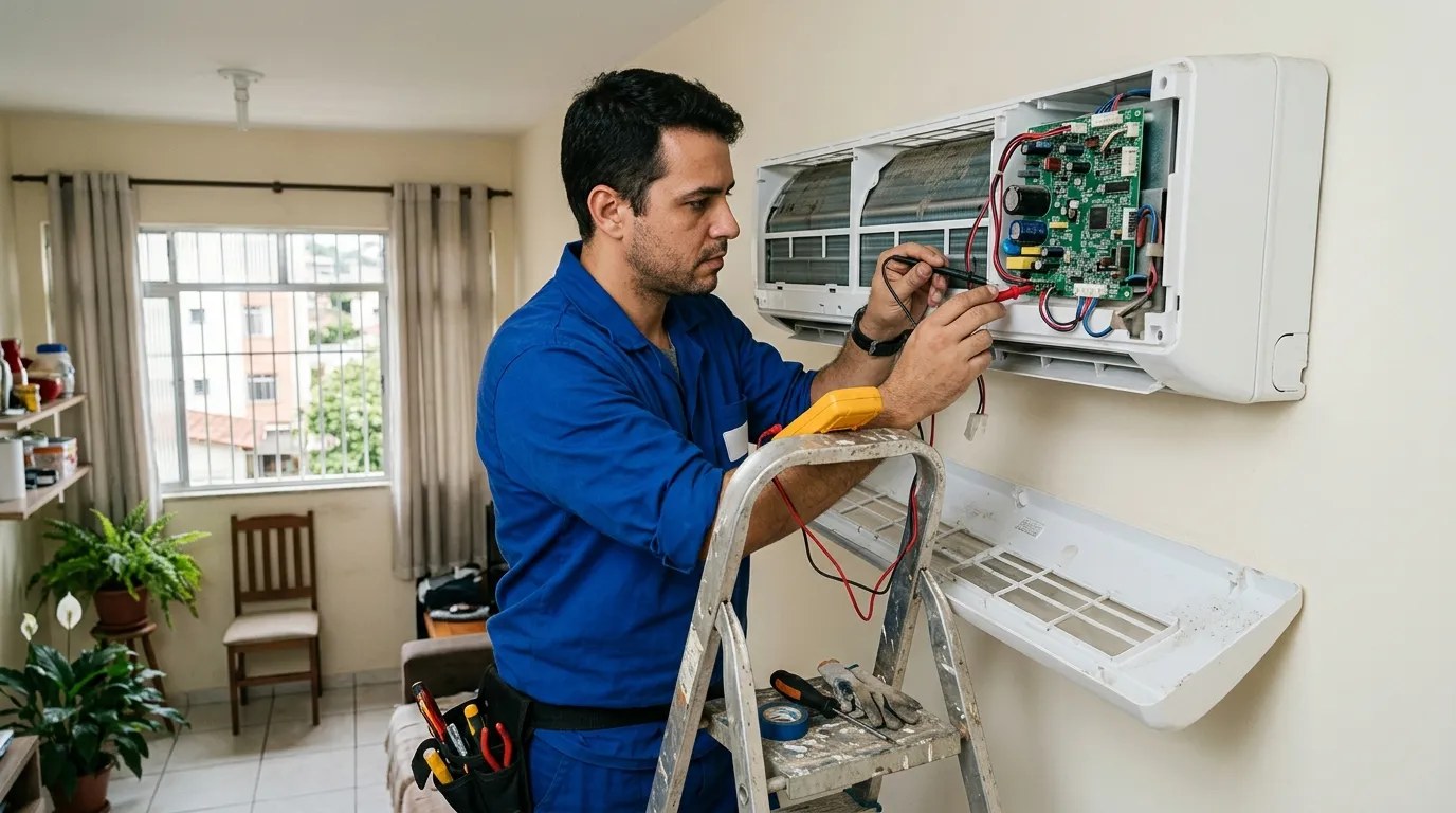 Técnico trocando a placa eletrônica de ar-condicionado split em Osasco‑SP