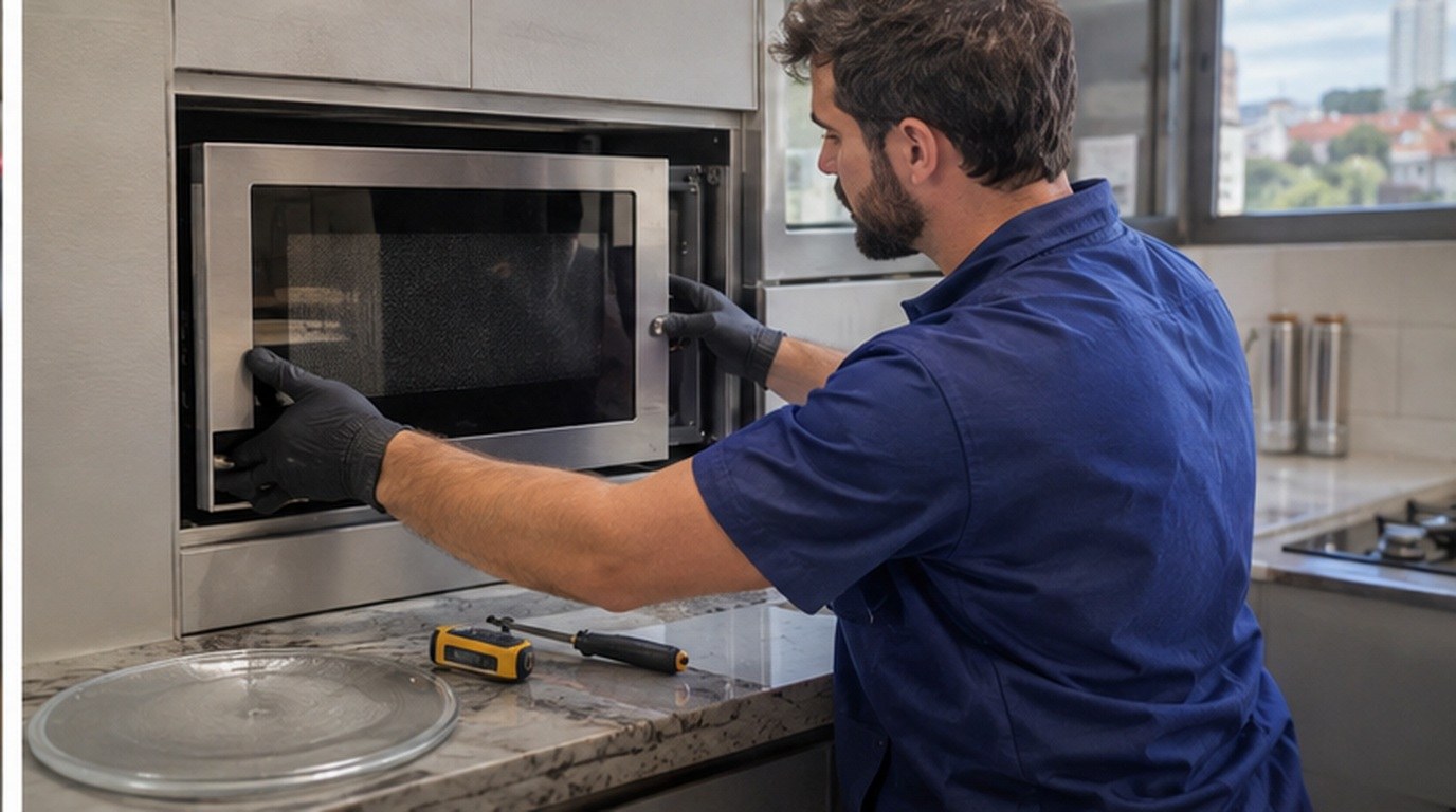 Conserto de micro-ondas de embutir em Osasco‑SP: técnico encaixando o aparelho no armário