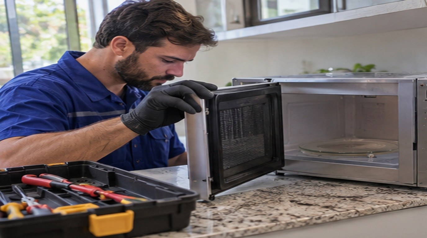 Conserto de micro-ondas em Osasco‑SP: técnico abrindo um micro-ondas de bancada