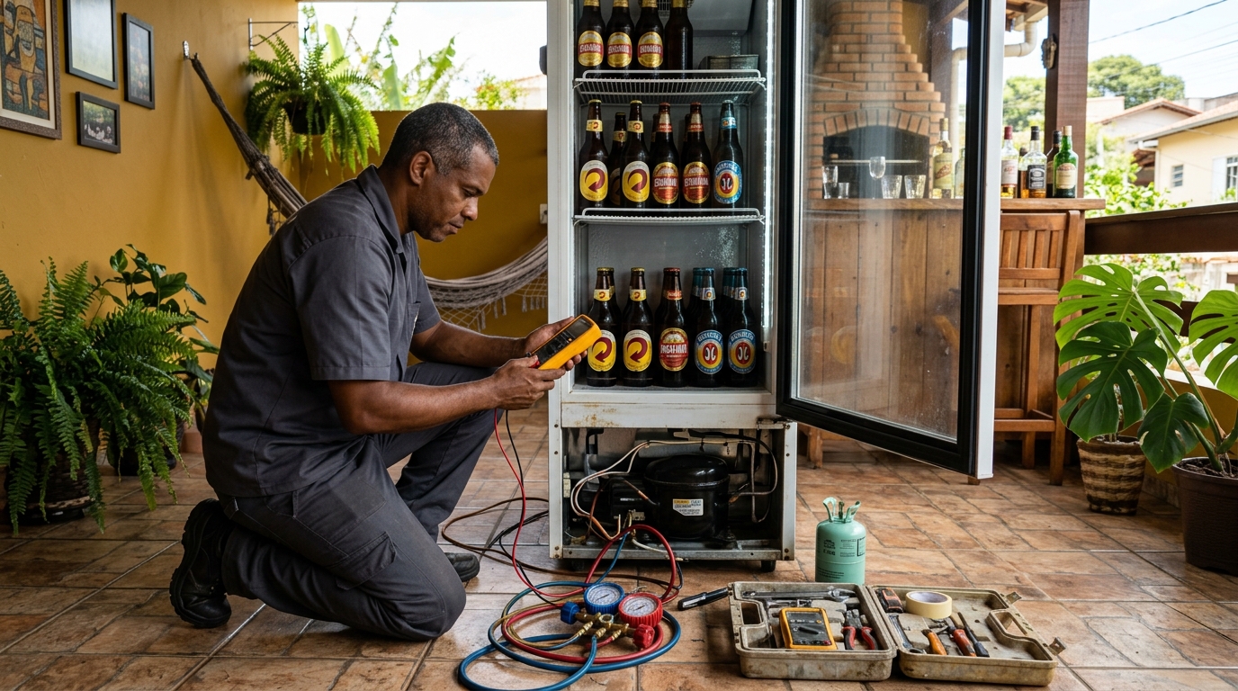Placa eletrônica de cervejeira em reparo na bancada no IAPI, Osasco‑SP