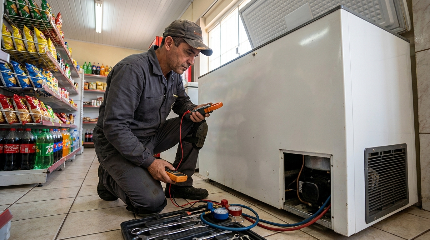 Reparo da placa eletrônica de um freezer em atendimento na Aliança, Osasco‑SP