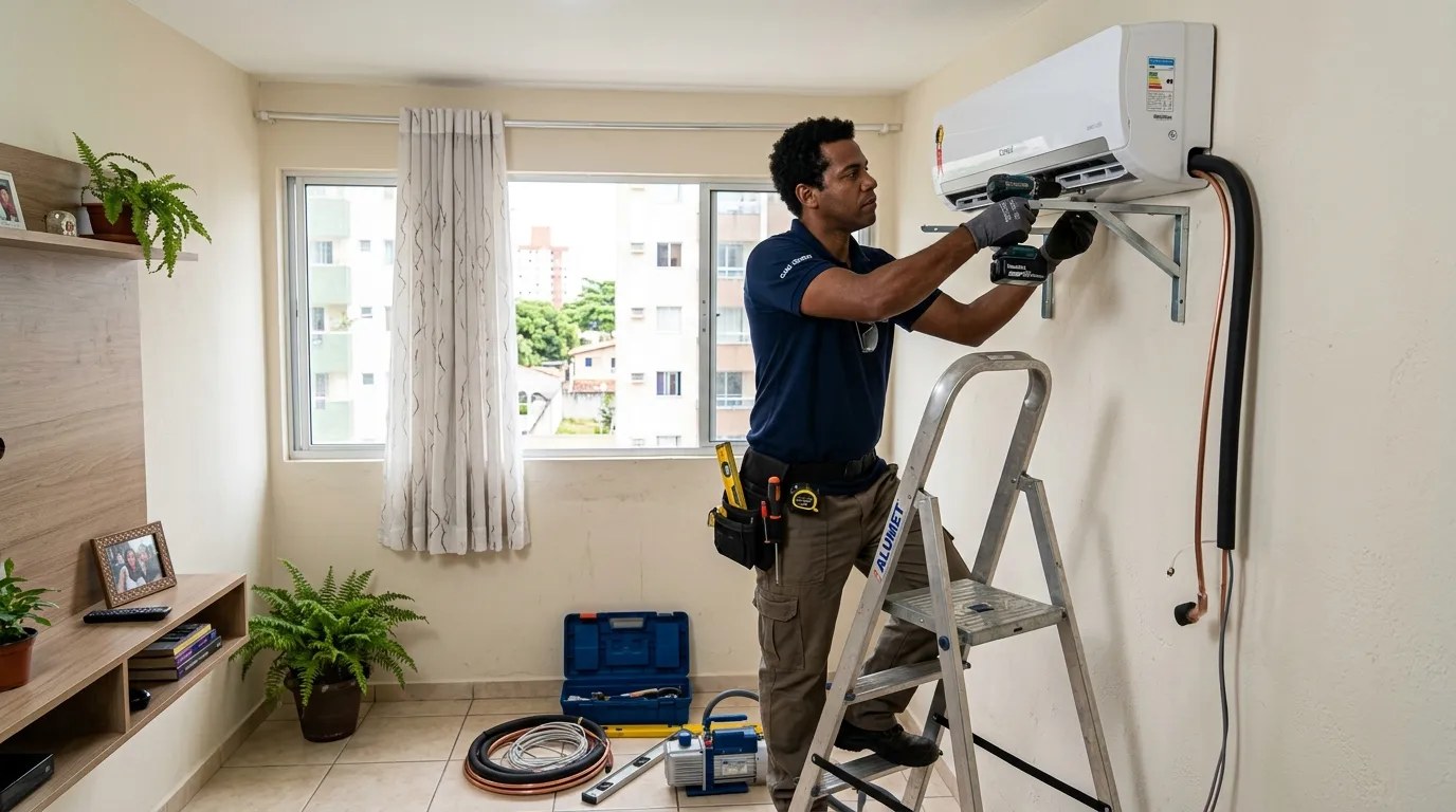Técnico instalando ar-condicionado split em residência em Osasco‑SP