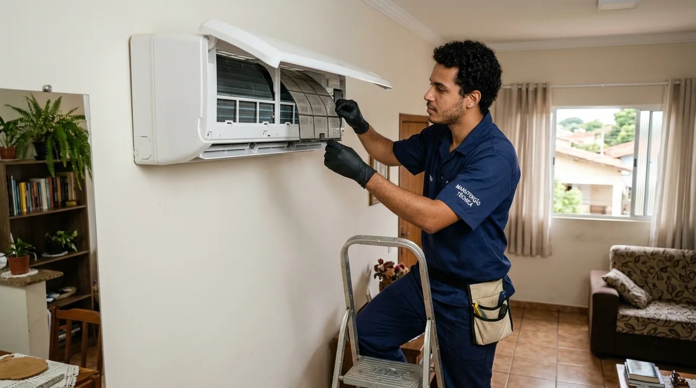 Técnico fazendo limpeza e higienização de ar-condicionado split em Osasco‑SP