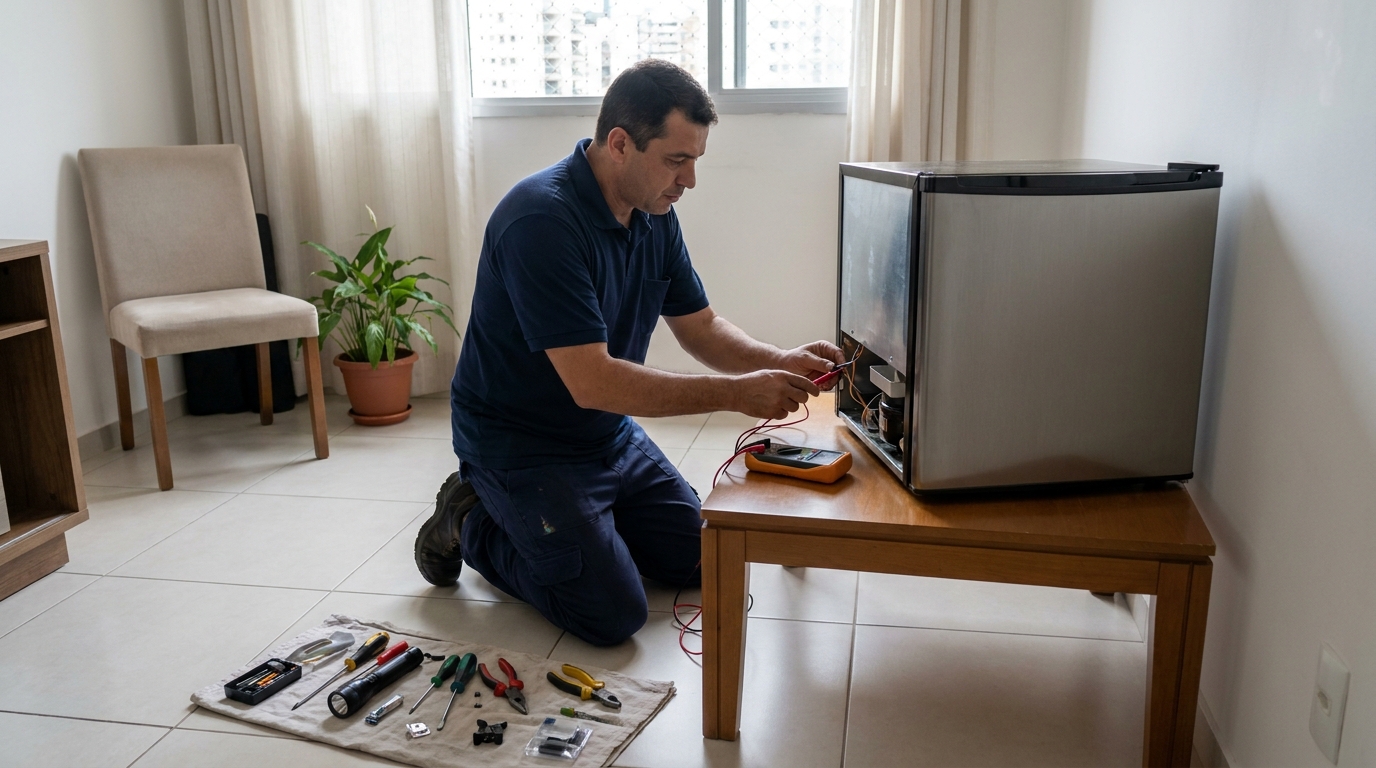 Técnico revisando o motor de um frigobar em Osasco‑SP