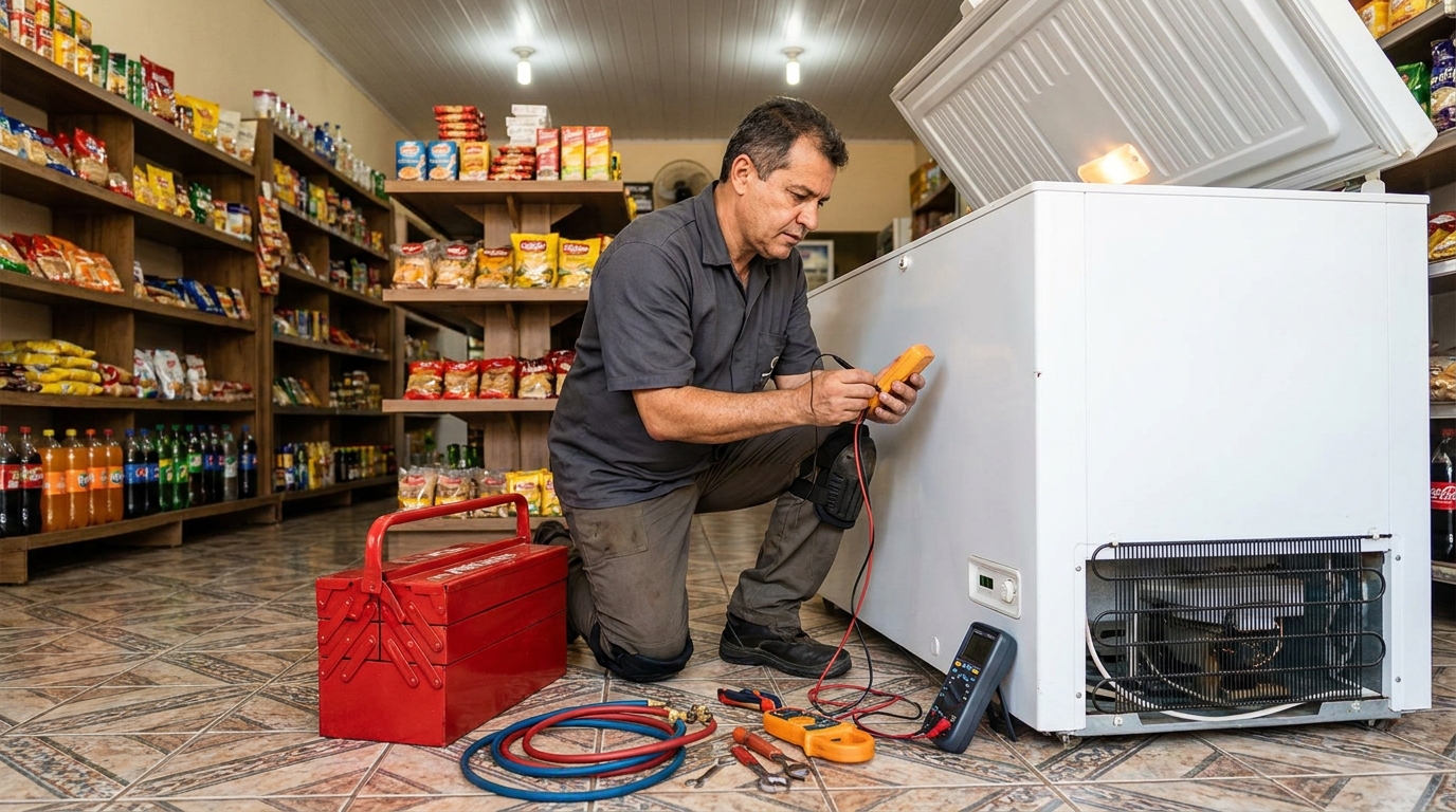 Manômetro conectado ao circuito durante recarga de gás de freezer na Aliança, Osasco‑SP