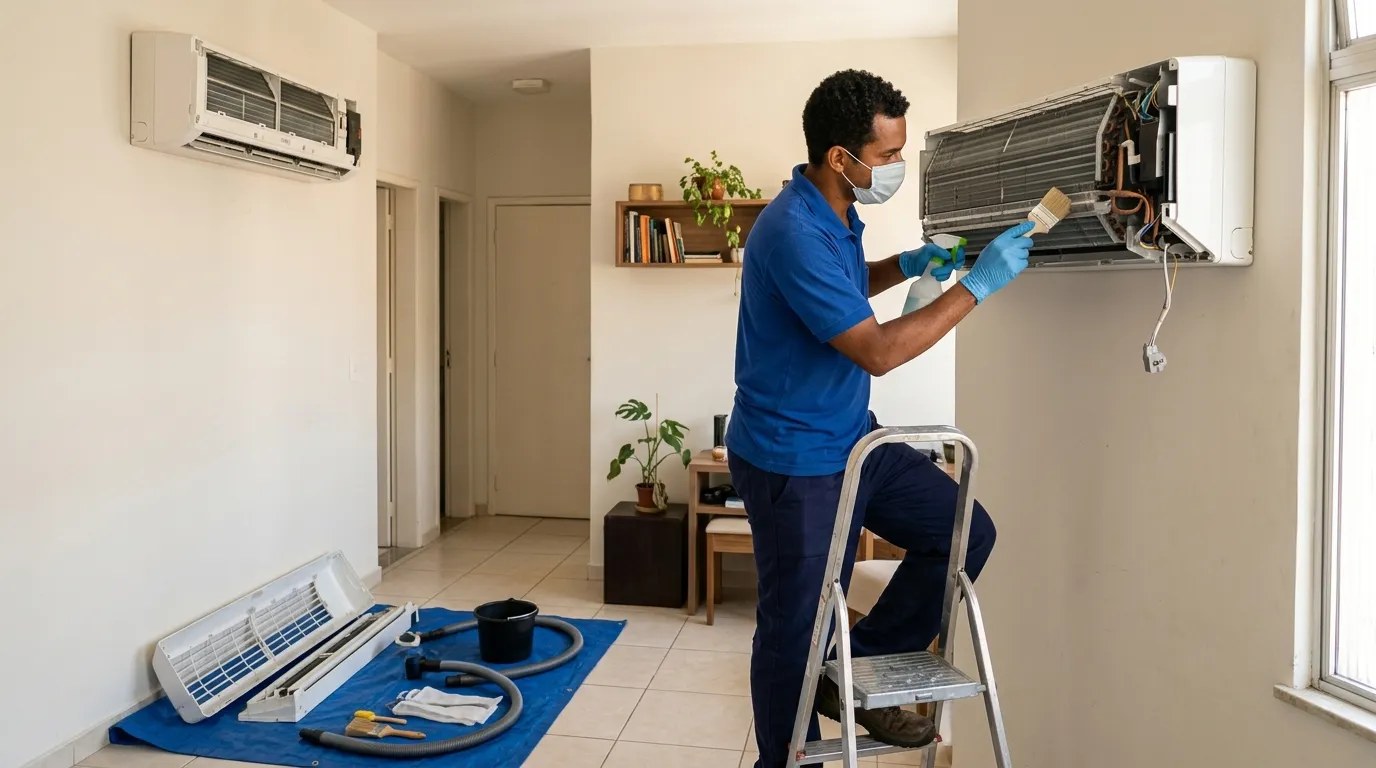 Técnico fazendo manutenção de ar-condicionado split em Osasco‑SP