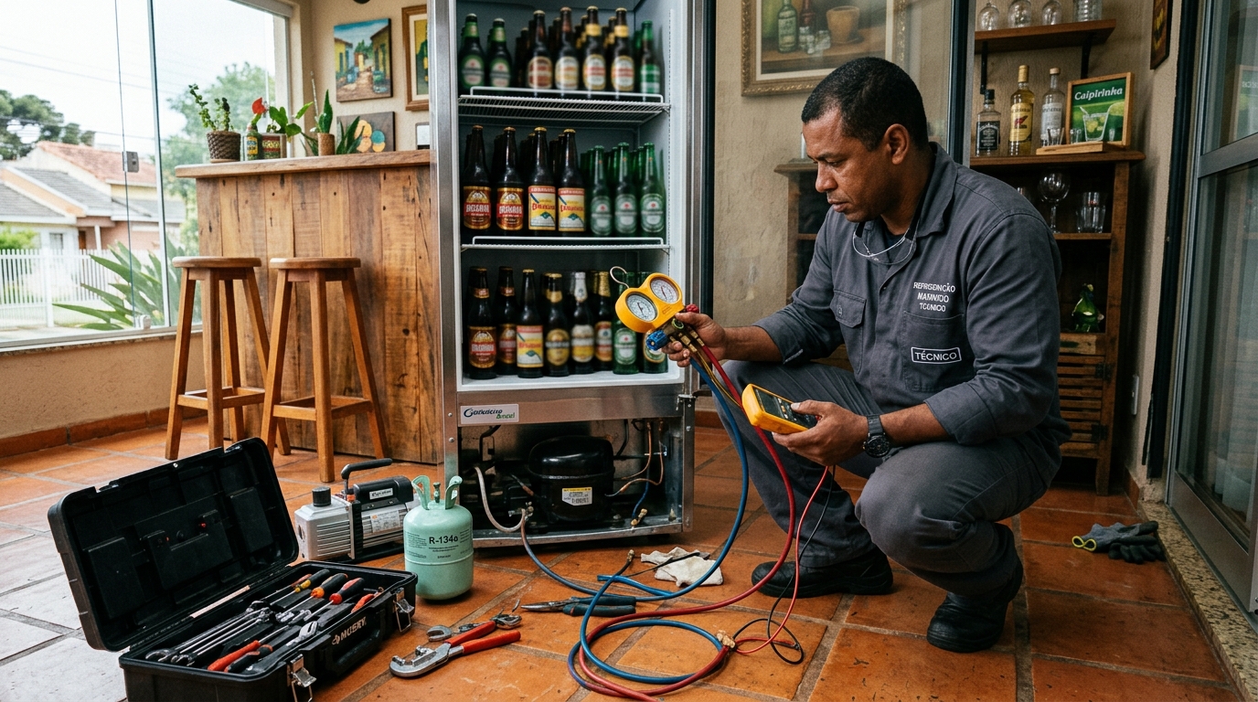 Técnico conferindo a temperatura de uma cervejeira durante atendimento no IAPI, Osasco‑SP