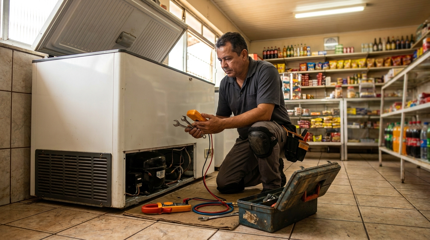 Técnico avaliando um freezer vertical durante atendimento na Aliança, Osasco‑SP